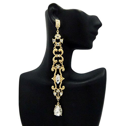 Classy Filigree Style Stone Accent Long Drop Earrings in Gold-Tone