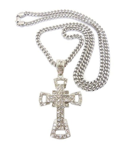 Paved Gothic Cross Pendant in Silver Tone w/ 36" Miami Cuban Chain CP70R