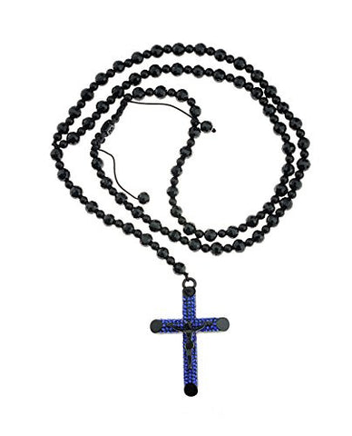 Blue Rhinestone Studded Crucifix Jesus Pendant Glass Bead Chain Necklace