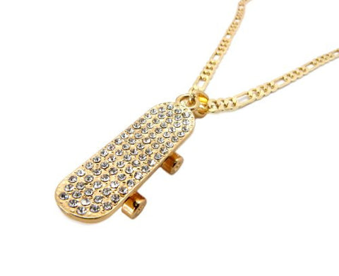 Pave Skateboard Pendant w/ 5mm 24" Figaro Chain in Gold Tone MSP185G