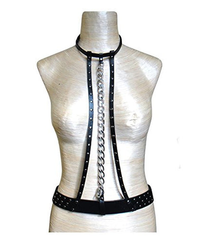 Daring Single Link Chain Waist Belt w/ Collar Faux Leather Body Chain Body Accessory