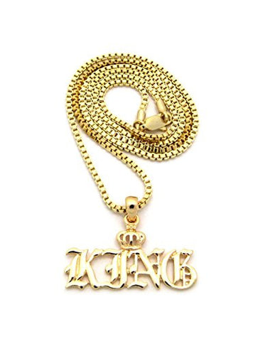 KING Crown Calligraphy Micro Pendant 2mm 24" Box Chain Necklace in Gold-Tone