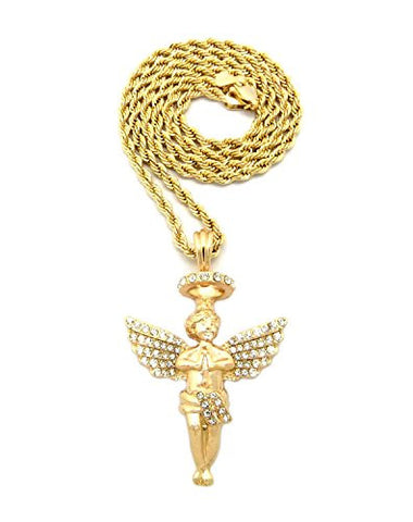 Rhinestone Halo Angel Pendant 3mm 24" Rope Chain Necklace in Gold-Tone