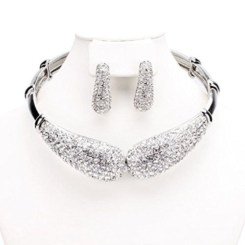 Magnet Opening Clear Rhinestone Flex Choker Collar Neckalce and Earrings Jewelry Set in Silver-Tone
