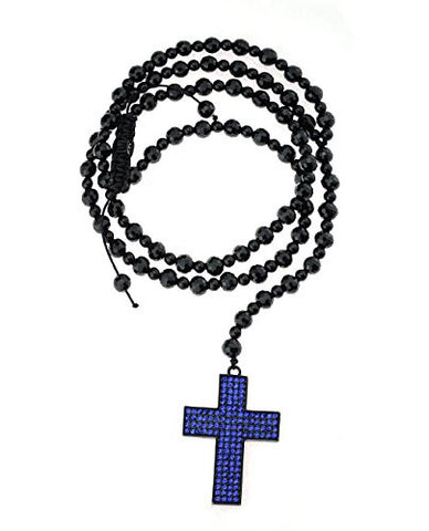Blue Rhinestone Studded Cross Pendant Black Glass Bead Chain Necklace