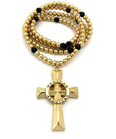 Veritas Aequitas (Truth & Justice) Cross Pendant 6mm 30" Bead Chain Necklace in Gold-Tone