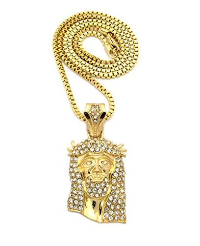 Iced Out Jesus Face Pendant w/ 2.5mm 24" Box Chain Necklace in Gold-Tone