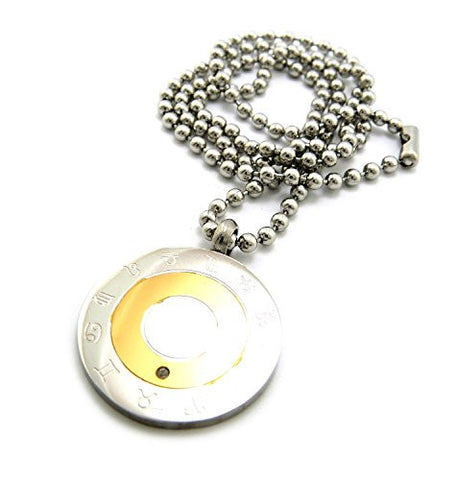 Two-Tone Zodiac Signs Engraved Solitaire Medal Necklace with 2mm 24" Stainless Steel Ball Chain
