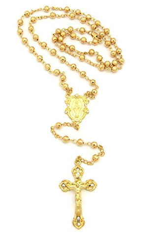 Royal St. Mary and Gothic Crucifix Jesus Cross 36" Bead Chain Rosary Necklace - Gold-Tone