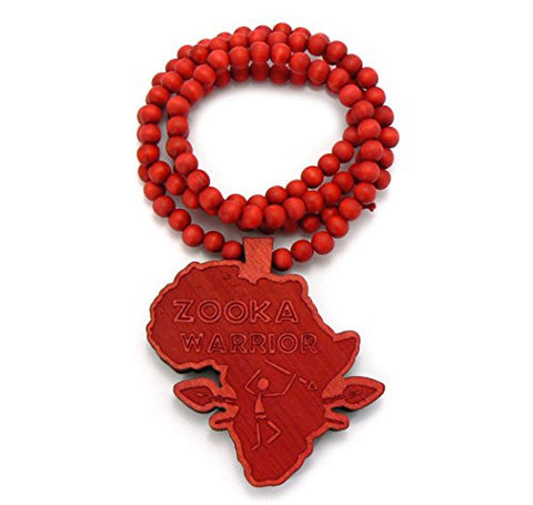 Zooka Warrior Wood Africa Pendant 36" Wooden Bead Chain Necklace in Red-Tone WX5RD