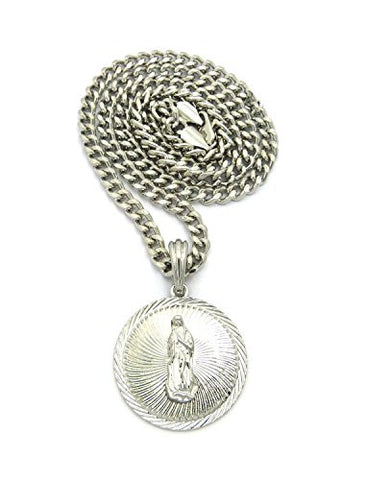 Embellished Saint Mary Medal Pendant w/ 5mm 24" Cuban Chain Necklace in Silver-Tone