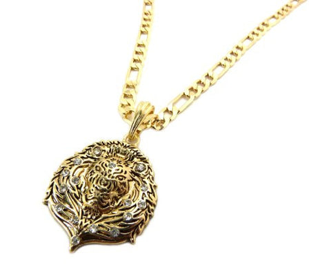 Carved Lion Head Pendant w/ Figaro Chain Necklace