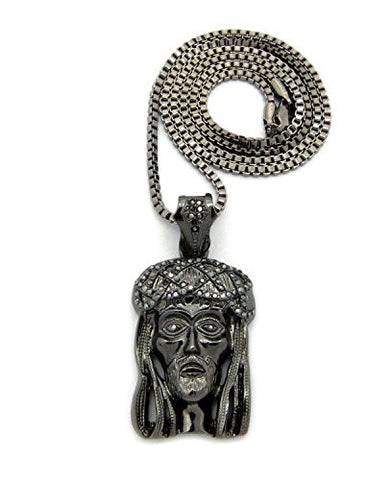 Pave Crown of Thorns Jesus 2.5mm 24" Box Chain Necklace in Hematite-Tone
