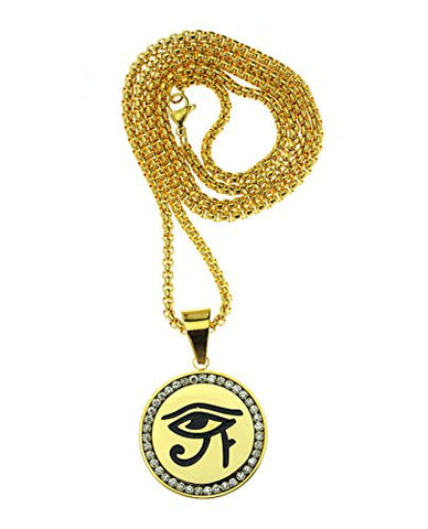 Stone Stud Stainless Steel Eye of Horus Round Pendant 3mm 24" Box Chain Necklace in Gold-Tone