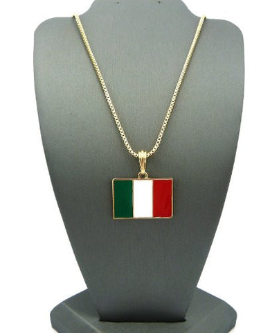 Italy Flag Pendant with 2mm 24" Box Chain Necklace - Gold-Tone