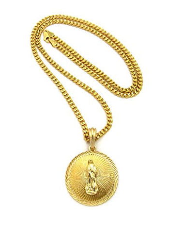 Embellished Saint Mary Medal Pendant w/ 3mm 24" Diamond Cut Cuban Chain Necklace in Gold-Tone