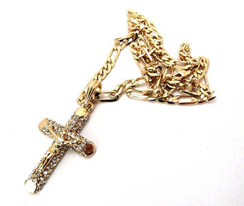 Pave Passion Crucifix Cross Jesus Pendant with 24" Figaro Chain Necklace - Gold-Tone MSP158G