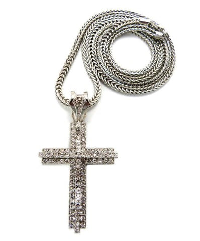 Iced Out Layered Silver Tone Cross Pendant w/ 4mm 36" Franco Chain