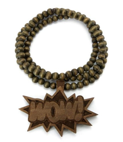 Wow! Bomb Engraved Wood Pendant 36" Wooden Bead Chain Necklace in Brown-Tone WJ68BRN