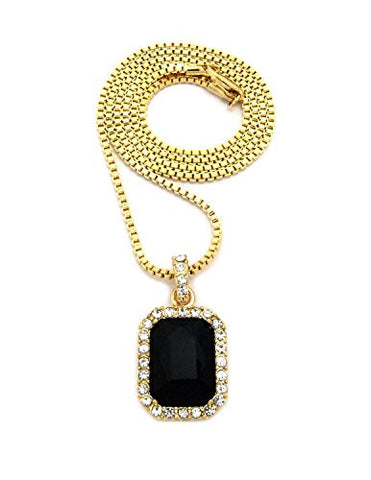 Rectangular Faux Onyx Stone Pendant w/ 2mm 24" Box Chain Necklace in Gold-Tone