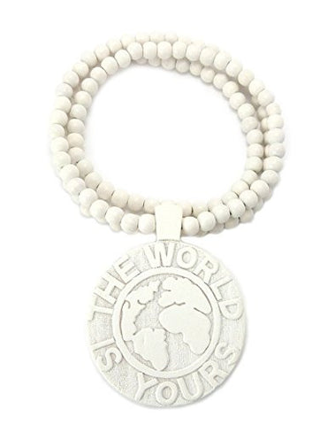 The World is Yours Globe Flat Wood Medal Pendant 8mm 36" Wooden Bead Chain Necklace in White