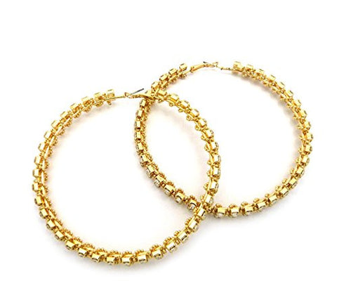 Two Row Rhinestone Bead Charm Dressy Hoop Earrings in Gold-Tone