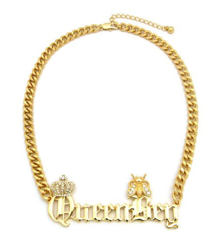 Queen Bey Crown Charm 8mm 16" Link Chain Fan Necklace in Gold Tone XC478G