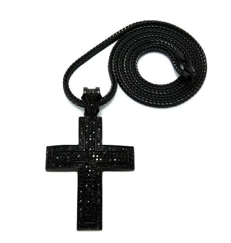 Iced Out 5 Row Thick Cross Pendant with 36" Franco Chain Necklace - Jet Black MP536BP