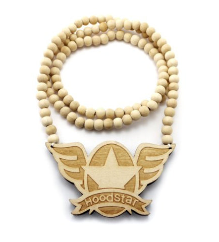 Hoodstar Wood Pendant 36" Wooden Bead Chain Necklace in Natural-Tone WJ193NL