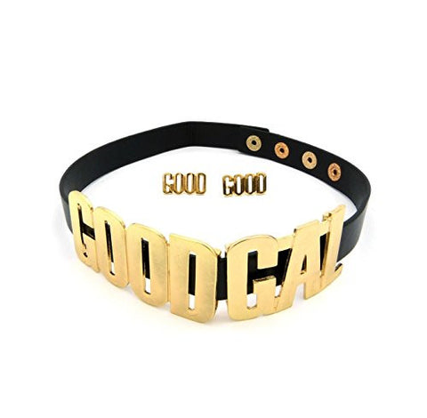 GOOD GAL Faux Leather Strap Choker Necklace with 'GOOD' Stud Earrings - Black/Gold-Tone JS1061GDBLK