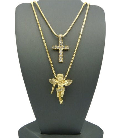 Paved Cross & Angel 2 Piece Gold Tone Micro Pendant Set w/ Box Chain RC208G