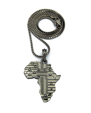 Patterned Africa Pendant w/ 2mm 24" Box Chain Necklace In Hematite-Tone