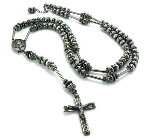 Hematite Tone Praying Hands Jesus Cross 39" Glass Beads Rosary Necklace