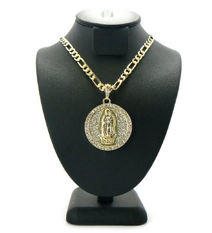 Paved Virgin Mary Pendant w/ 5mm 24" Figaro Chain in Gold Tone MSP155G