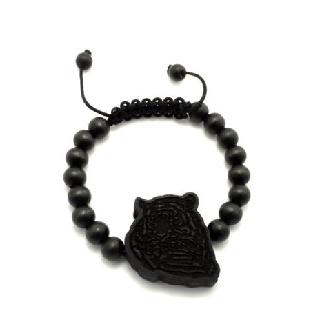 Tiger Engraved Wood Pendant Wooden Bead Chain Bracelet in Black-Tone WB35BK