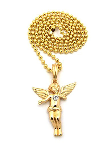 Solitaire Heart Angel Pendant 3mm 27" Ball Chain Necklace in Gold-Tone