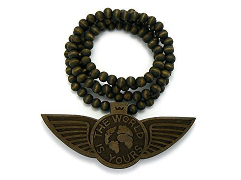 The World is Yours Globe Wing Wood Pendant 8mm 36" Wooden Bead Chain Necklace in Brown