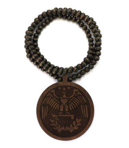 Eagle Engraved Wood Medal Pendant 36" Wooden Bead Chain Necklace in Brown-Tone WJ185BRN