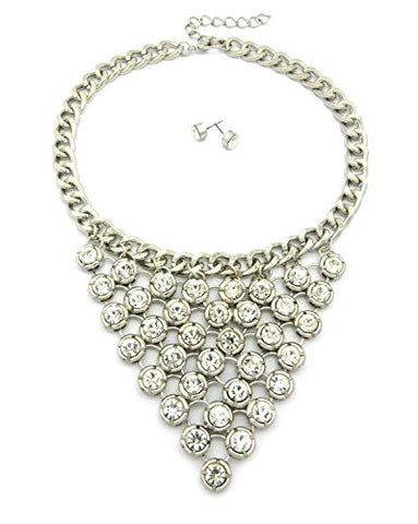 Women's Glamorous V Shaped Necklace and Stud Earring Set in Silver-Tone