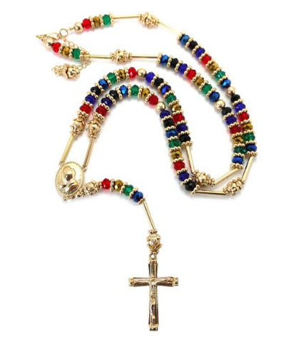 Gold/Multi Tone Praying Hands Jesus Cross 39" Glass Beads Rosary Necklace