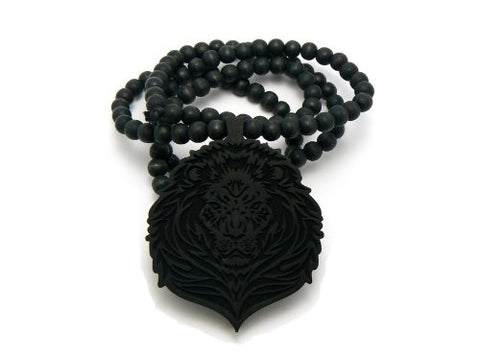 Lion Head Wood Pendant 36" Wooden Bead Chain Necklace in Black-Tone WJ93BK