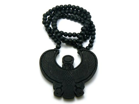 Wood Engraved Horus Bird Pendant 36" Wooden Bead Chain Necklace in Black-Tone WJ118BK