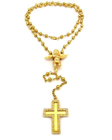 Bead Chain Rosary Necklace with Solitaire Angel & Mirror Cross Micro Pendants