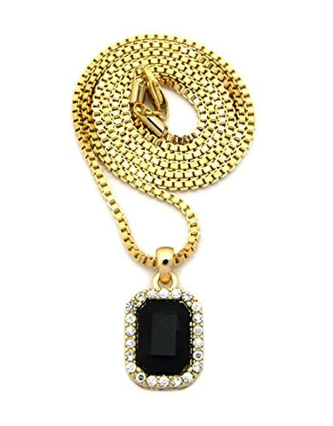 Pave Faux Onyx Stone Pendant w/ 2mm 24" Box Chain Necklace in Gold-Tone