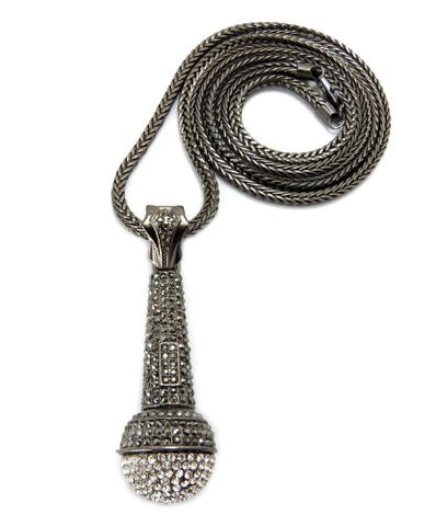 Paved Hematite/Clear Tone Microphone Pendant w/ 36" Franco Chain MP313HECR