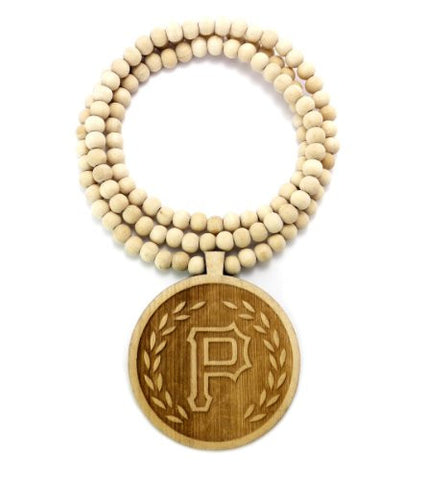 Peace Pittsburgh P Wooden Medal Pendant 8mm 36" Wood Bead Chain Necklace in Natural-Tone