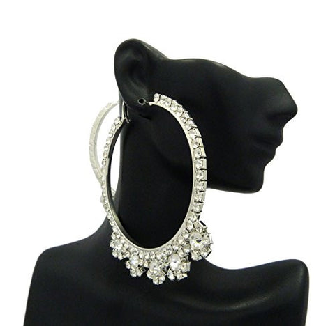 Women's Rhinestone Studded Enlarged Tribal Hoop Earrings in Silver-Tone