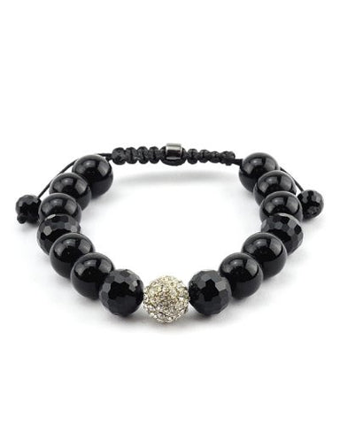 Black Faceted & Round Beads w/ Rhinestone Balls Adjustable Bracelet SB1138