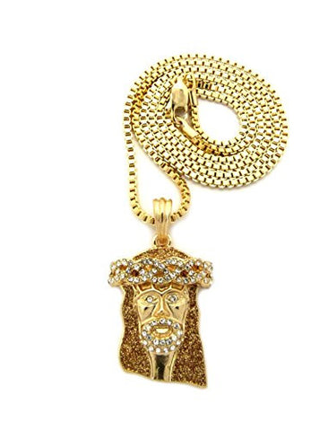 Pave Crown Jesus Gold-Color Glitter Micro Pendant 2mm 24" Box Chain Necklace in Gold-Tone