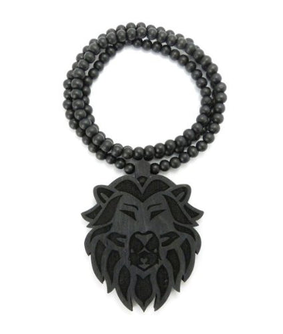 Lion Head Wooden Pendant 36" Wood Bead Chain Necklace - Black Tone WJ187BK